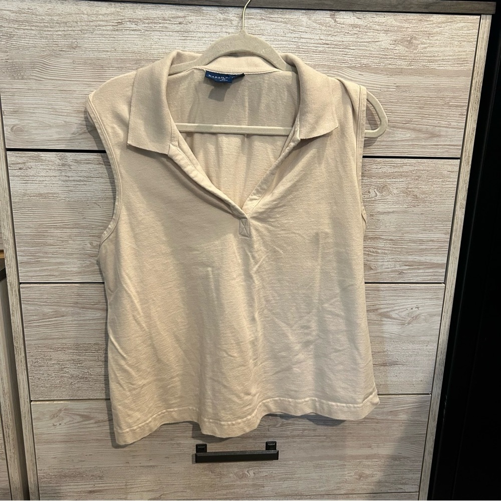 Karen Scott Beige Collared Sleeveless Polo Tank Top Size XL Casual Knit Stretch